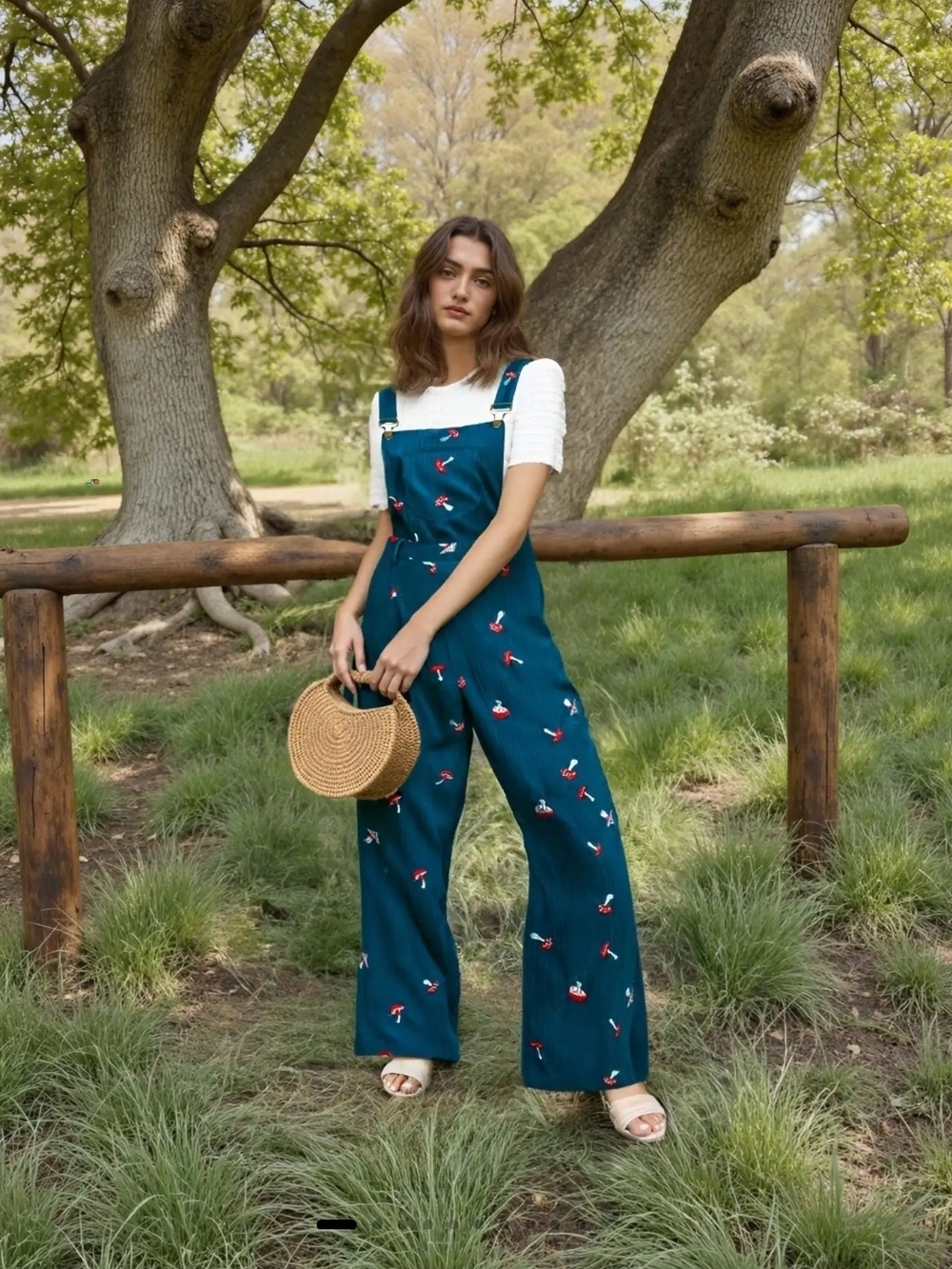 Teal Mushroom Embroidered Wide-Leg Overalls